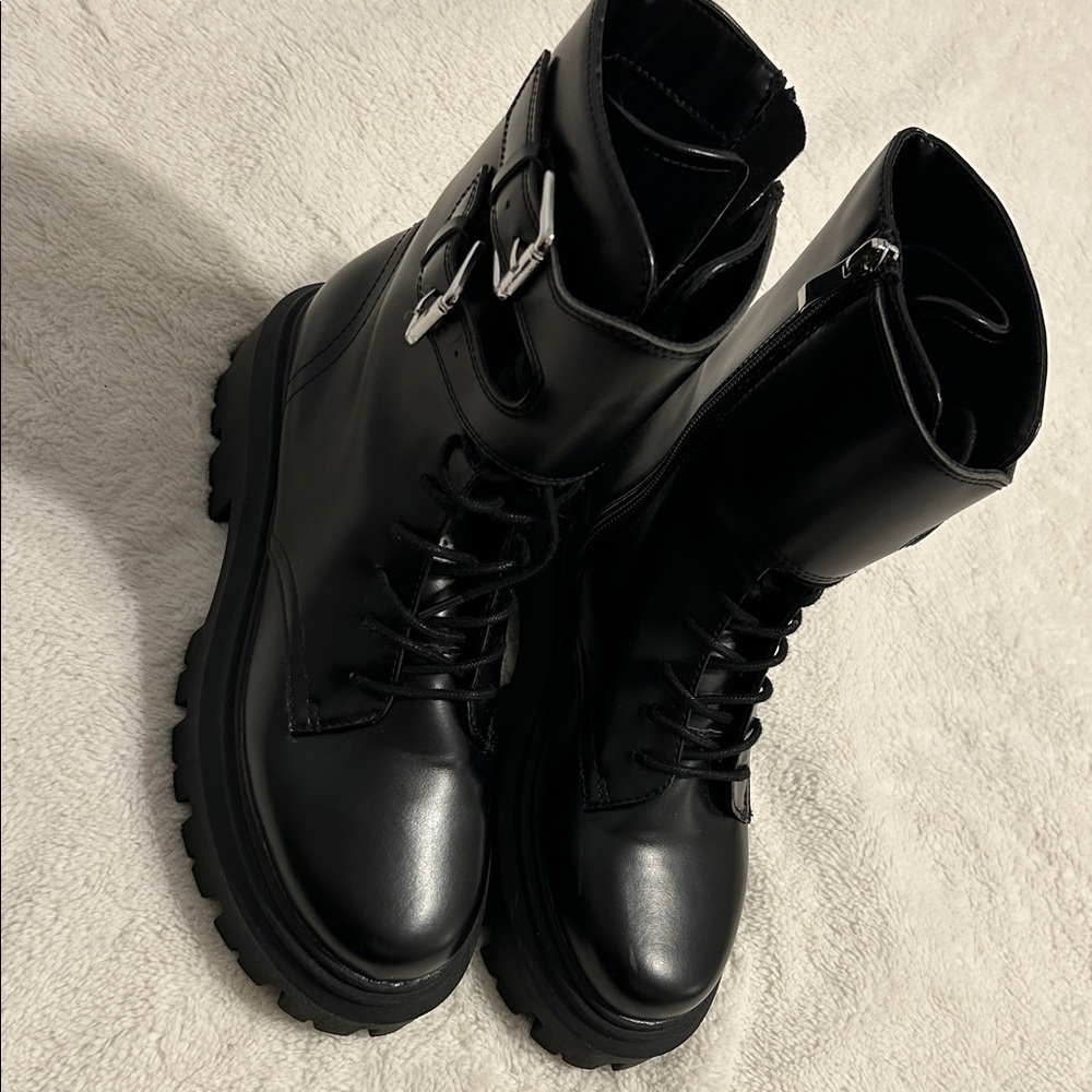 H&M Black Moto Boots with Buckle Detail